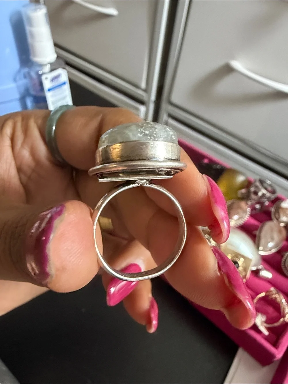 925 Silver-Oval Aquamarine Statement Ring - Pink Accent